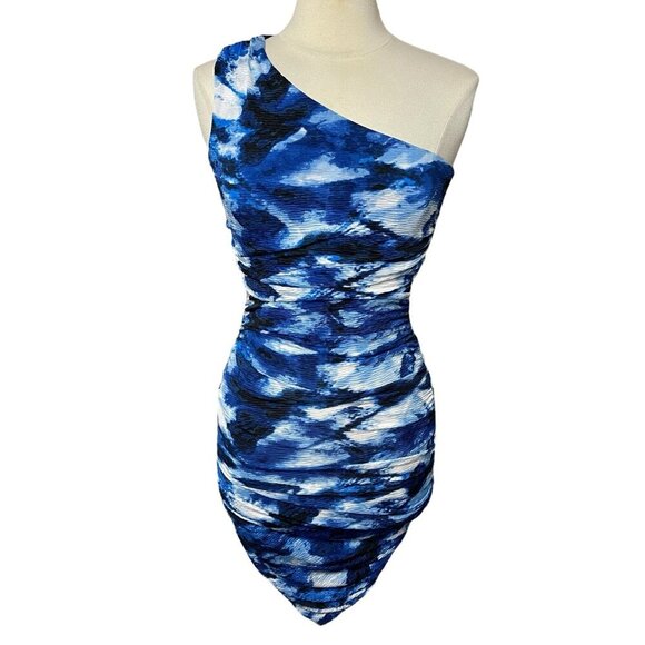 NWOT MISCREANTS One-Shoulder Ruched Mini Dress in Blue Tie Dye - Picture 2 of 12